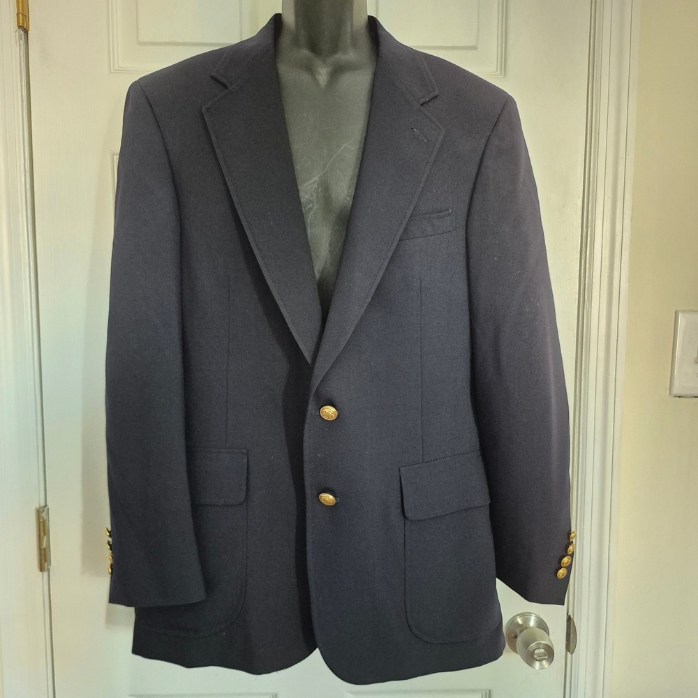 Lands End Mens 42L Navy Blue Wool Blazer Gold Crest Button USA Made Sport Coat